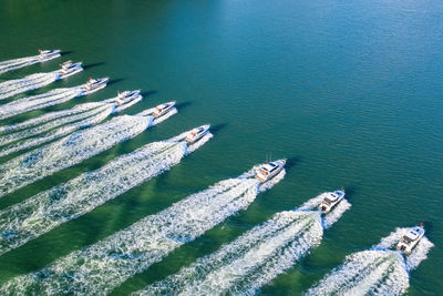 High angle view of boats in sea