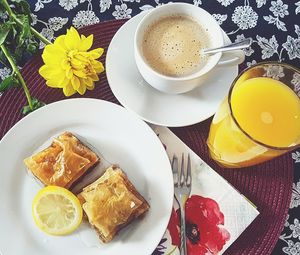 High angle view of breakfast on table