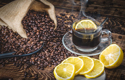 High angle view of coffee beans on table