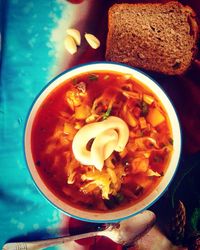 Overhead view of soup in bowl