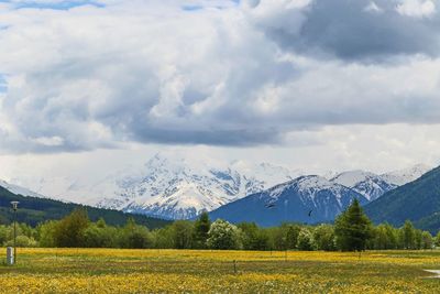 Scenic view of field against cloudy sky