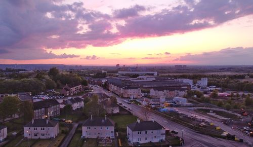 High angle view of townscape against sky at sunset