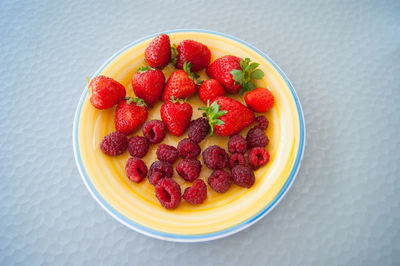 High angle view of strawberries in bowl
