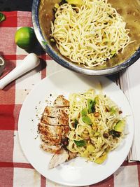 High angle view of noodles in bowl on table