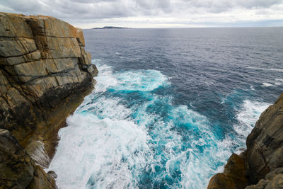 Scenic view of rocks in sea against sky