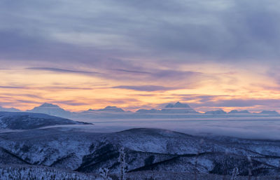 Scenic view of snowcapped mountains against sky during sunset