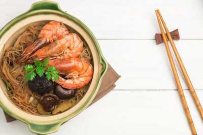 High angle view of food in bowl on table