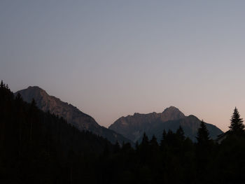 Scenic view of silhouette mountains against clear sky