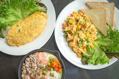 High angle view of meal served on table