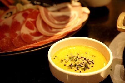 High angle view of food in bowl on table