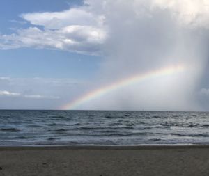 Scenic view of sea against rainbow in sky