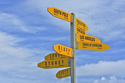 Low angle view of road sign against sky