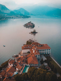 High angle view of buildings in sea