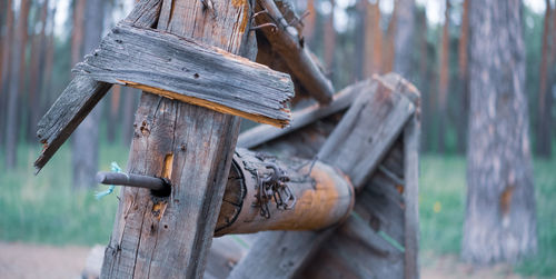 Close-up of birdhouse on wooden post