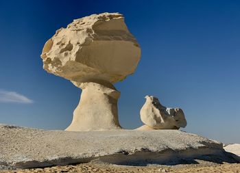 Low angle view of rock formations against clear blue sky