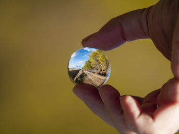 Cropped hand holding crystal ball with reflection of dirt road