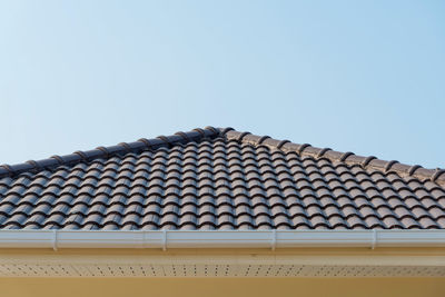 Low angle view of building roof against clear sky