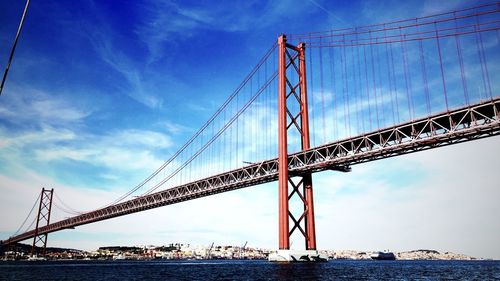 Low angle view of suspension bridge against sky