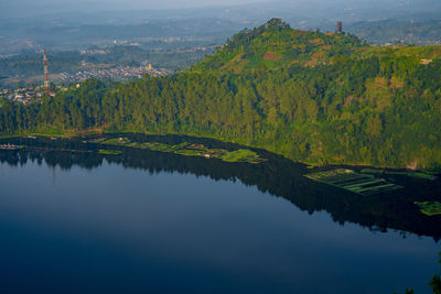 Telaga menjer or lake menjer in wonosobo, central java, indonesia. taken from a hill above the lake.