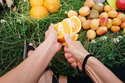 Low section of man slicing oranges on field