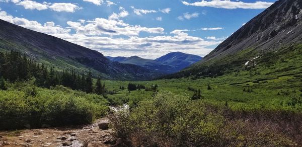 Scenic view of landscape and mountains against sky