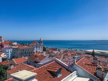 High angle view of sea against clear blue sky