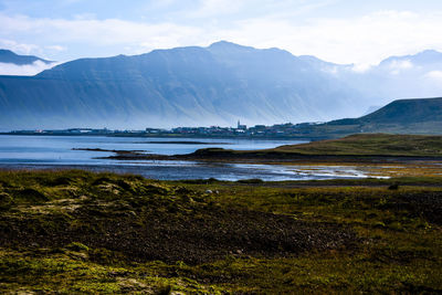 View of the small town of grundarfjordur in the snaefellsnes peninsula in iceland