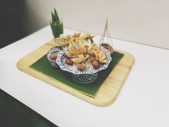 High angle view of food in plate on table