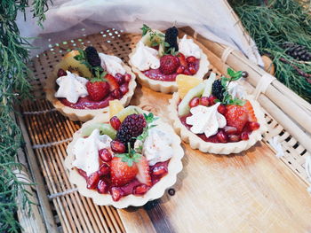 High angle view of strawberries in basket on table