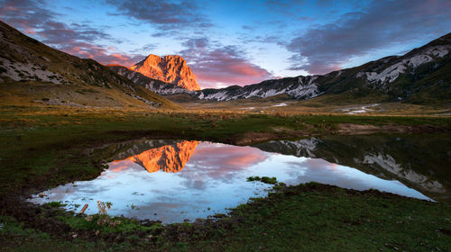 Scenic view of lake against sky during sunset