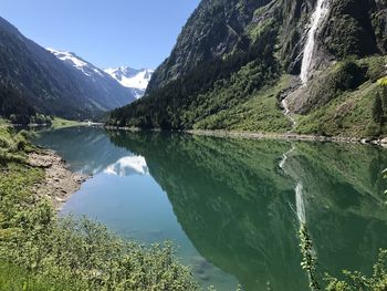 Scenic view of lake and mountains against sky