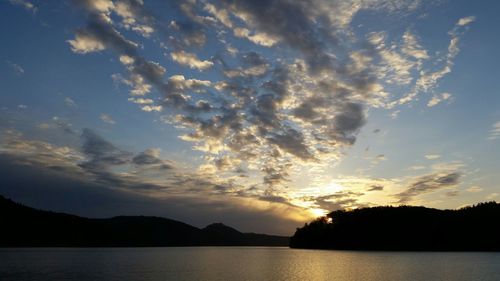 Scenic view of lake against cloudy sky