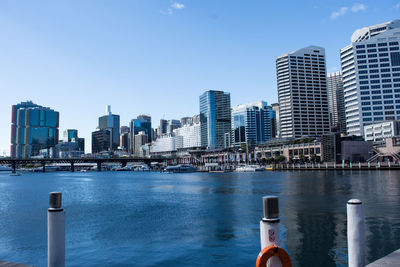 Scenic view of river and cityscape against clear blue sky