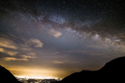 Scenic view of silhouette mountains against sky at night