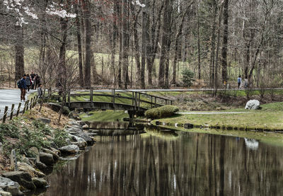 A wooden foot bridge in a park