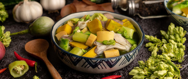 High angle view of fruits in bowl on table