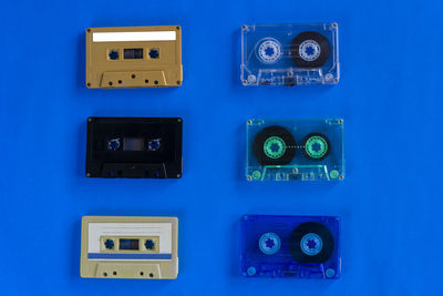 Close-up of cassette on blue background