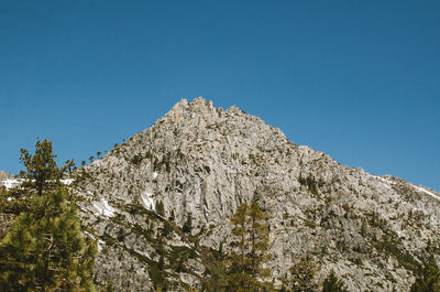 Low angle view of mountain against clear blue sky