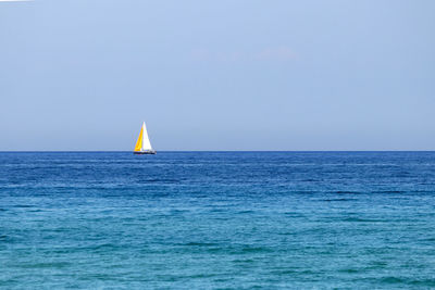 Sailboat sailing in sea against clear sky