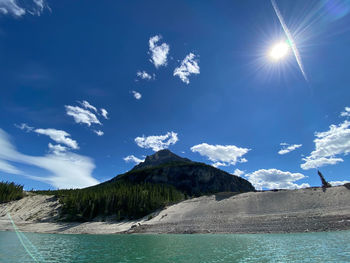 Scenic view of sea and mountains against blue sky