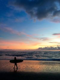Silhouette man on beach against sky during sunset