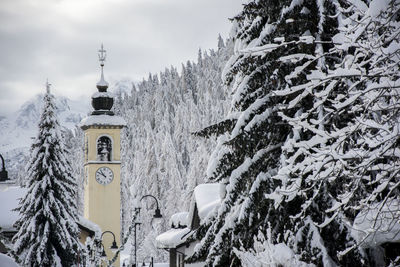 Bell tower amidst snow covered trees