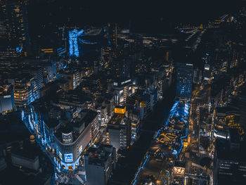 High angle view of illuminated cityscape at night