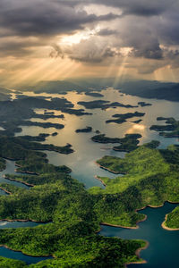 Aerial view of landscape against sky during sunset