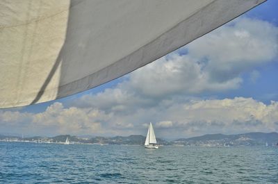 Sailboat sailing on sea against sky