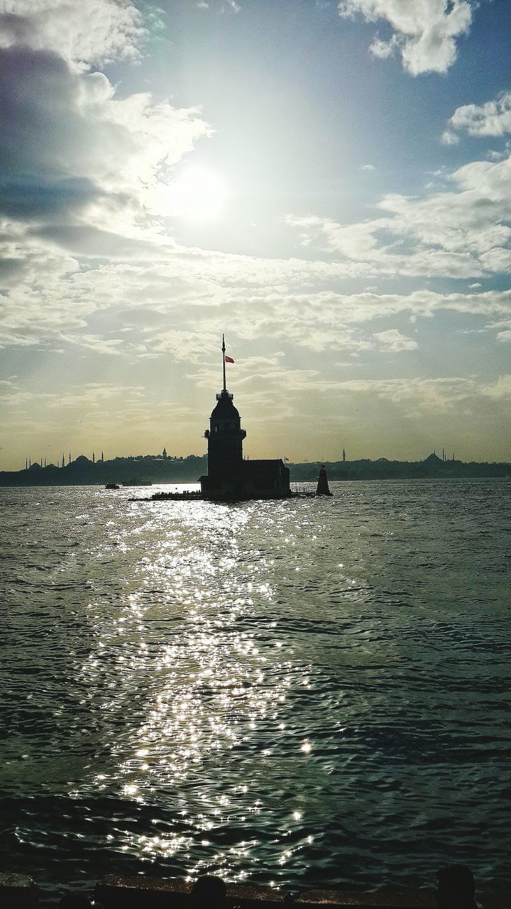 SILHOUETTE LIGHTHOUSE BY SEA AGAINST SKY AT SUNSET