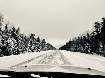 Road amidst snow covered trees against sky