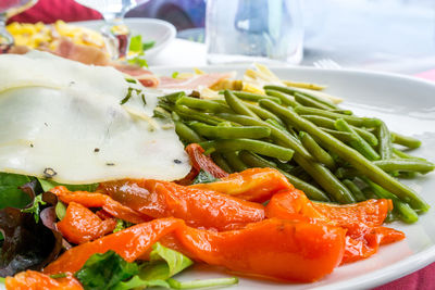 Close-up of food served in tray on table