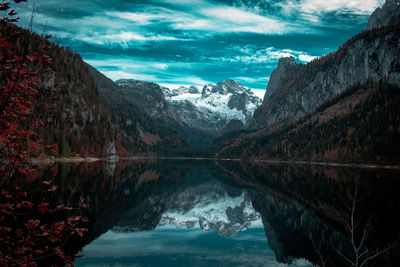 Scenic view of lake by mountains against sky