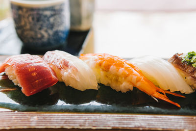 Close-up of sushi served in plate